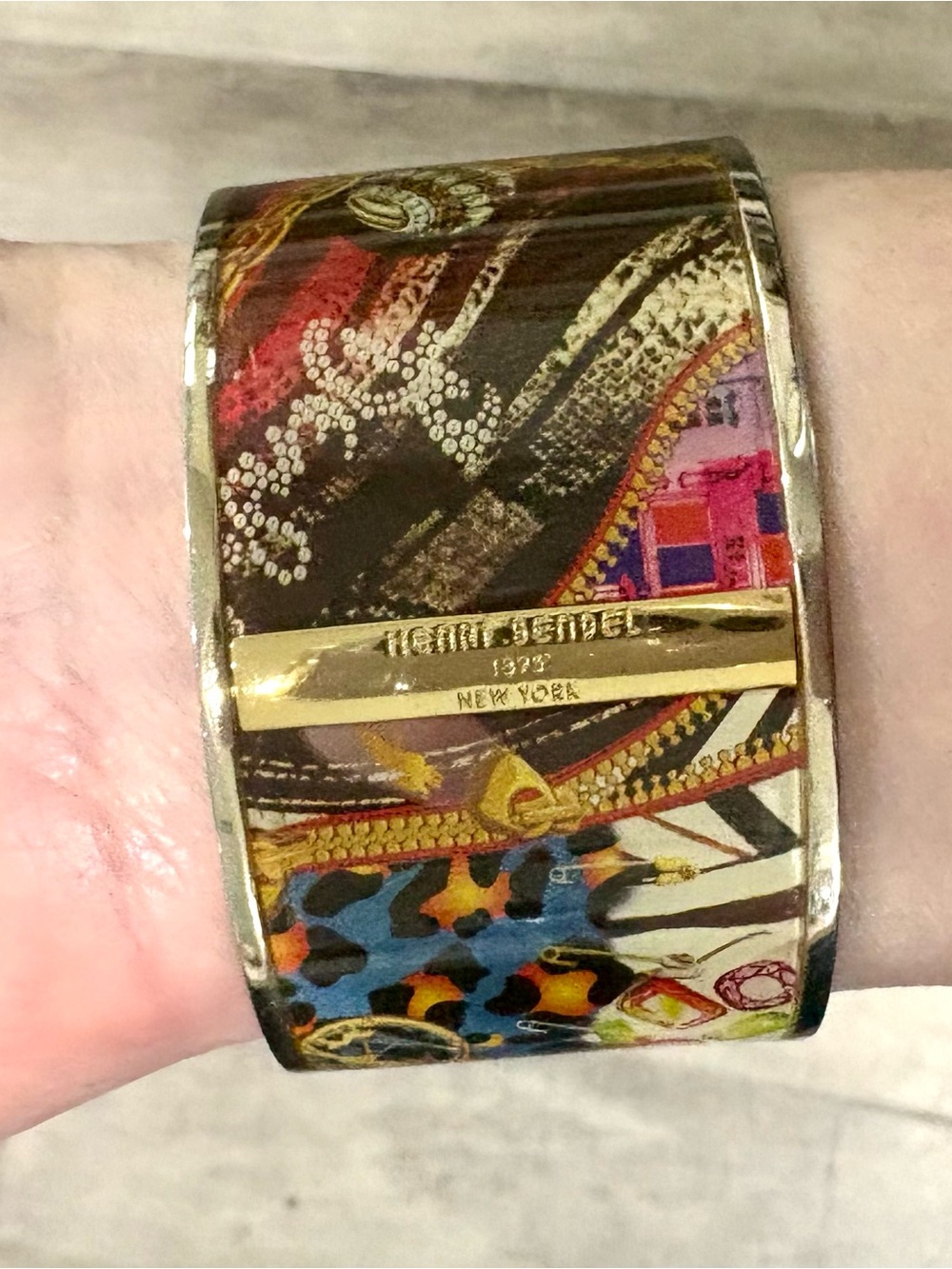 Vintage Henri Bendel 1895 New York Collage Print Bangle Bracelet Collectible